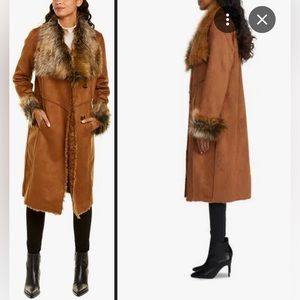 Fur-Trim Brown Reversible Faux Shearling Coat